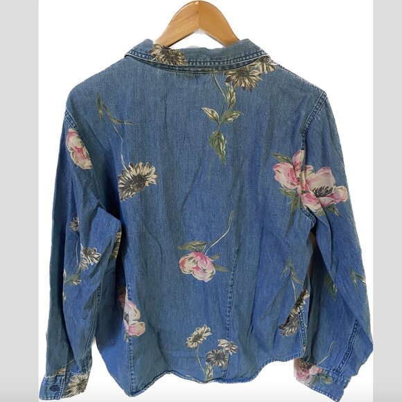 Vintage Lemon Grass Denim Floral Button Up Collared Shirt - Picture 2 of 3